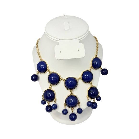 Navy Blue Cabochon Chandelier Statement Necklace 22” Bubbles Runway Gold Tone - Picture 7 of 16